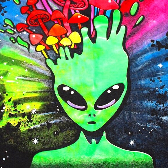 Psychedelic Alien Graphic Tee – Trippy Mushroom Art, Handmade Zinose M Rare - Picture 2 of 9